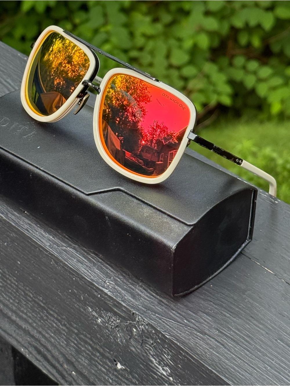 Men's Dita  Square Sunglasses with Red Mirrored Lenses and Cream Frame